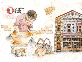 This watercolour by London artist Cheryl Radford featuring the London Clay Art Centre of the London Potter?s Guild on Dundas St. is among the illustrations included in a new book about Old East Village written by Kym Wolfe that is being launched at Aeolian Hall Wednesday.