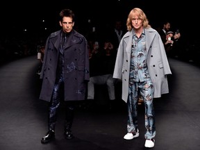 Derek Zoolander and Hansel walk the runway at the Valentino Fashion Show during Paris Fashion Week at Espace Ephemere Tuileries on March 10, 2015 in Paris, France. (Photo by Pascal Le Segretain/Getty Images For Paramount Pictures)