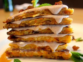 Carrot cake pancakes with cream cheese icing.