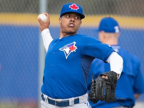 Toronto Blue Jays starting pitcher Marcus Stroman (6) throws off the mound during morning workouts at Bobby Mattick Training Center Feb. 24, 2015 in Dunedin, FL. (Tommy Gilligan-USA TODAY Sports)