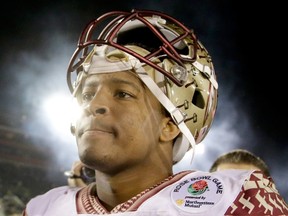 Quarterback Jameis Winston of the Florida State Seminoles reacts after losing 59-20 to the Oregon Ducks in the College Football Playoff Semifinal at the Rose Bowl Game presented by Northwestern Mutual at the Rose Bowl on January 1, 2015. (Jeff Gross/Getty Images/AFP)