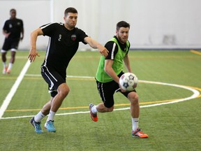 Ottawa Fury FC forward Carl Haworth (right) trains with the club at Gatineau's Complexe Branchaud-Briere on Tuesday. (Chris Hofley/Ottawa Sun)