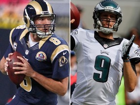 The Eagles and Rams swapped quarterbacks on Tuesday, with Sam Bradford (left) heading to Philadelphia and Nick Foles (right) going to St. Louis. (USA TODAY Sports/Reuters/Files)