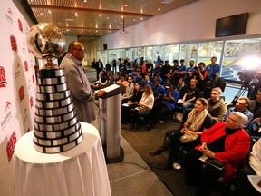 Hall of Fame U.S. basketball coach George Raveling speaks to players and media at the launch for the CIS basketball championship at Ryerson University. (Michael Peake, Toronto Sun)