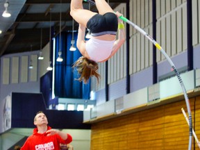Western Mustangs pole vaulter Robin Bone practises at Thompson arena for this week?s Canadian Interuniversity Sport track and field championships, which will be held at the University of Windsor Thursday through Saturday. (MIKE HENSEN, The London Free Press)