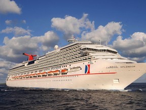 The Carnival Splendor cruises at sea in the Bahamas in this undated handout image released by Carnival Cruise Lines on Nov. 9, 2010. A 21-year-old man is believed to have fallen overboard during a cruise on the Carnival Glory in the Bahamas. (REUTERS/Andy Newman/Carnival Cruise Lines/Handout)