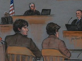 A courtroom sketch shows accused Boston Marathon bomber Dzhokhar Tsarnaev (L) and Judge George O'Toole (top) listening as bombing victim Richard Martin's father Bill (top R) testifies, on the second day of Tsarnaev's trial at the federal courthouse in Boston, Massachusetts March 5, 2015. REUTERS/Jane Flavell Collins