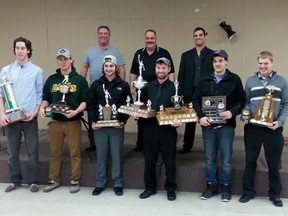 Submitted photo: The Wallaceburg Lakers held their hockey banquet at the Moose Lodge on March 7. Award winners included, left to right, Jacob Theoret, best defenceman; Josh Berkvens, most improved; Tyler Shaw, most sportsmanlike; Lucais Meyskens, MVP and top scorer; Connor Johnston, Tristan Carswell Memorial Heart and Soul Award; Mike Brown, best defensive forward. Absent from photo; Brendan Ritchie, rookie if the year; Evan Weidenbach, most dedicated. Back row, coaches Ken Shine, Brian Griffith, Mike Oliveira.