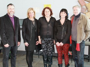 Members of Lambton College's social justice club, Vocalize, held their official launch at the Lion's Den Lounge on Feb. 27. Joining them were students, faculty and elected representatives. From left to right: Sarnia Coun. Brian White, Lambton College President & CEO Judith Morris, Vocalize co-founders Kari Roos and Katie Horvath, Mayor Mike Bradley.
CARL HNATYSHYN/SARNIA THIS WEEK/QMI AGENCY