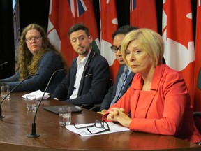Left to right, transgender woman Erika Muse, McMaster University researcher Jake Pyne and pediatrician Dr. Joey Bonifacio support NDP MPP Cheri DiNovo as she announces private member's bill to officially outlaw "conversation" therapy for gay and trangender youth. (Toronto Sun/Antonella Artuso)