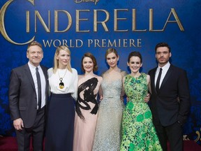 Director of the movie Kenneth Branagh poses with cast members (from second left to right) Cate Blanchett, Holliday Grainger, Lily James, Sophie McShera and Richard Madden at the premiere of "Cinderella" at El Capitan theatre in Hollywood, California March 1, 2015. The movie opens in the U.S. on March 13. REUTERS/Mario Anzuoni