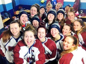 The St. Theresa Titans whoop it up after securing a berth in the gold medal game at the OFSAA AAA girls hockey championships Wednesday in Ottawa. (Twitter photo)