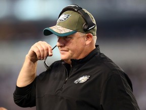 Head coach Chip Kelly of the Philadelphia Eagles watches from the sideline in the first half against the Dallas Cowboys at AT&T Stadium on November 27, 2014. (Ronald Martinez/Getty Images/AFP)