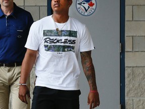 Marcus Stroman leaves the Jays training facility after holding his news conference on Wednesday. (STAN BEHAL, Toronto Sun)