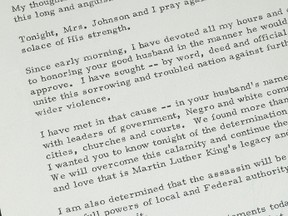 A letter from President Lyndon Johnson to the widow of Martin Luther King Jr. after his shooting, is shown in this image courtesy of Quinn's Auction Galleries in Falls Church, Va., and released to Reuters on March 4, 2015. (REUTERS/Quinn's Auction Galleries /Handout via Reuters)