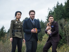 Diana Bang, left, Seth Rogen, middle, and James Franco star in "The Interview."