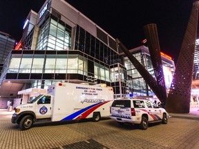 Police vehicles outside of the Air Canada Centre after a Toronto Maple Leafs game in Toronto, March 12, 2015. (ERNEST DOROSZUK/QMI Agency)
