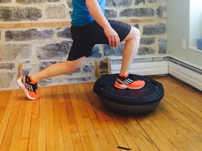 The Inverted BOSU One Leg Isometric Lunge is an exercise that will help improve strength and balance in the feet and ankles. (Supplied photo)