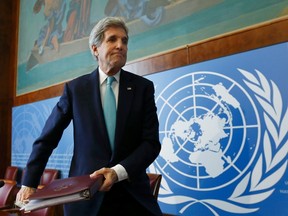 U.S. Secretary of State John Kerry leaves after his news conference followoing his address to the 28th Session of the Human Rights Council at the United Nations in Geneva March 2, 2015.  REUTERS/Denis Balibouse