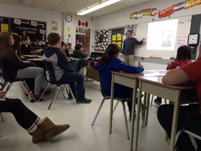 Grade 7-8 students from North Addington Education Centre listen to Kevin Reed's presentation on First Nation Peoples and Sir John A. Macdonald as part of a new inquiry-based history bicentennial program. (Supplied photo)