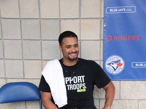 Two-time Cy Young Award winner Johan Santana takes a break after his daily workout at the Blue Jays Florida Auto Exchange Stadium in Dunedin. Fla., yesterday.  (Eddie Michels/photo)