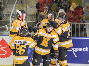 Kingston Frontenacs and the crowd celebrate Sam Bennett, centre, scoring the go-ahead goal against the London Knights during the second period of Ontario Hockey League action at the Rogers K-Rock Centre on March 8. (Julia McKay/The Whig-Standard)