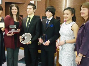 Joanne Chun, left, London, winner of Rotary Music Festival's Tom Cunniffe Scholarship, Karlee Dowell, St. Thomas, Rose Bowl, William Alexander, London, Silver Tray, Brendan Alexander, London, Stephanie Leung Memorial Scholarship, Vanessa-An Tran, London, Silver Tray and Durkee alumni awards, are joined by Trudy Kanellis for the St. Thomas Rotary Club Foundation, at the conclusion of competition in the 2015 music festival. The festival's Keynotes concert is April 10. (Contributed photo)