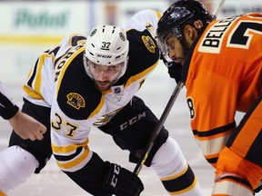 Patrice Bergeron of the Boston Bruins faces off against Pierre-Edouard Bellemare of the Philadelphia Flyers during the third period at TD Garden on March 7, 2015. (Maddie Meyer/Getty Images/AFP)