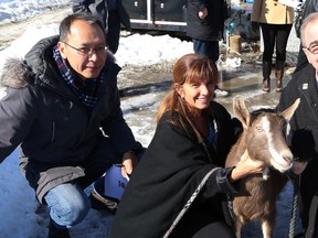 Steve Lee, left, of the Sudbury Dragon Boat Festival, Tannys Laughren, of the Northern Cancer Foundation, and Greater Sudbury Deputy Mayor Al Sizer greet Maddie the goat at the launch of the Sudbury Dragon Boat Festival at Ramsey Lake in Sudbury, Ont. on Thursday March 12, 2015. Maddie was on hand to mark 2015 as the Chinese Year of the Goat/Sheep. John Lappa/Sudbury Star/QMI Agency