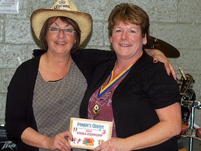 Sombra Optimist member Johanne Leach presents the people's choice award to Kelly Johnston at the third annual Sombra Optimist chilli cookoff held at the Port Lambton Community Hall on Saturday. The event featured 15 different chillis. The judges choice winner was Chris Marchand, with brothers Caleb and Tate O'Leary finishing in second spot.