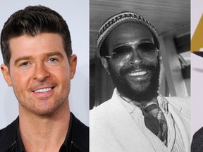 A combination of file photos made on March 11, 2015 shows (From L) singer Robin Thicke posing as he arrives to attend the MTV European Music Awards (EMA) 2013 at the Ziggo Dome on November 10, 2013 in Amsterdam, singer Marvin Gaye at London's Heathrow airport in June 1980, and Pharrell Williams posing upon his arrival for the 86th Oscar's Nominee's Luncheon at the Beverly Hilton Hotel in Beverly Hills, California, on February 10, 2014. 
AFP PHOTO / JOHN THYS / AFP / Frederic J. BROWN/ FILES