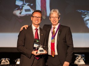 Sterling Homes’ vice president Miles Kohan (left) at the 2014 CHBA National SAM Awards in Halifax, N.S. on March 6, 2015. Also pictured is 2014 CHBA past president Bard Golightly.