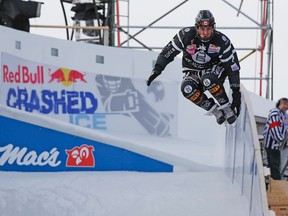 Canada's Scott Croxall makes a qualifying run during the Red Bull Crashed Ice event in Edmonton Alta., on Friday March 13, 2015. Perry Nelson/Edmonton Sun