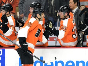 Philadelphia Flyers winger R.J. Umberger (18) celebrates his goal with defenceman Mark Streit (32) during NHL play against the Tampa Bay Lightning at Wells Fargo Center. (Eric Hartline/USA TODAY Sports)