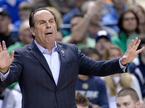 Head coach Mike Brey of the Notre Dame Fighting Irish reacts against the Duke Blue Devils during the semifinals of the ACC Tournament at Greensboro Coliseum on March 13, 2015 . (Grant Halverson/Getty Images/AFP)