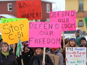 About 100 people participated in the national day of action to stop Bill C-51 outside the Sudbury Courthouse in Sudbury, Ont. on Saturday March 14, 2015. John Lappa/Sudbury Star/QMI Agency