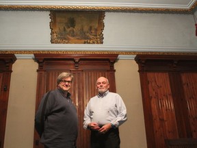 Head of the Seaforth Masonic Lodge Barry Hutton and prominent Canadian historian Chris Cooper strike a pose inside the famed building on March 12. The Seaforth Lodge is set to celebrate its 150th anniversary this year. (Marco Vigliotti/Huron Expositor)