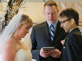 Rachelle Kennedy and Terry Murphy say their wedding vows in Calgary, Alta., on Saturday March 14, 2015. Terry has been diagnosed with terminal cancer. Mike Drew/QMI Agency