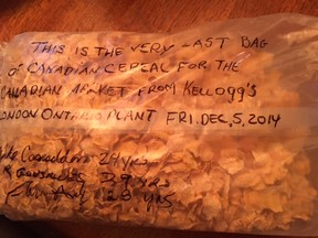 Stephane Gaudette a high school teacher from Timmins, Ont., opened a box of Kellogg’s Frosted Flakes and found the inner bag had a message noting it was the “very last bag of Canadian cereal for the Canadian market from Kellogg's London Ontario plant."