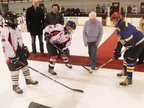 The 66th annual Young Canada Week peewee tournament kicked off this past weekend. Mary Wolterbeek, who has prepared home cooked meals for teams for the past 32 years, dropped the puck at the opening ceremonies. All games took place at Memorial Arena after a chemical leak at the YMCA last Thursday. (Dave Flaherty/Goderich Signal Star)