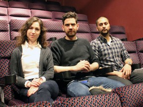 The Secret Trail 5 filmmakers, from left, co-producer Madeleine Cohen, producer Noah Bingham, and producer/director Amar Wala before their screening in Kingston on Sunday. (Steph Crosier/The Whig-Standard)