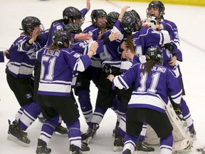 Members of the Western Mustangs mob goalie and MVP Kelly Campbell after they defeated the McGill Martlets 5-0 to win the 2015 CIS Women's Hockey Championship at the Markin MacPhail Centre in Calgary, Alberta. (QMI Agency)