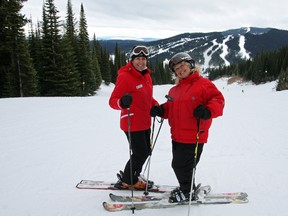 Canadian Olympic ski champ Nancy Greene, left, and novice skier Tracy McLaughlin stop for a photo before hitting the slopes at Sun Peaks resort in B.C. (Courtesy Sun Peaks)