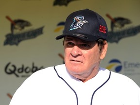 Former Major League Baseball player Pete Rose speaks at a press conference prior to managing a game for the Bridgeport Bluefish against the Lancaster Barnstormers at The Ballpark at Harbor Yard on June 16, 2014 in Bridgeport, Connecticut. (Christopher Pasatieri/Getty Images/AFP)
