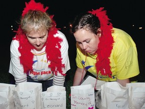 Tammy Manning, left, and Pamela Sachs, members of the Road Runners team, pause to check their luminaries placed in memory of family members during the 2010 Relay for Life at St. Joseph's High School. (File photo)