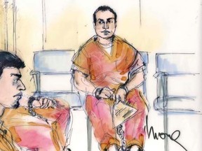 Supposed terror suspects Ralph Deleon (R), Miguel Alejandro Santana Vidriales and Arifeen David Gojali (front L) are shown in a courtroom sketch sitting during their arraignment in federal court at Riverside, California December 5, 2012.  REUTERS/Mona Edwards