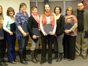 Ernst Kuglin/The Intelligencer
Quinte West presented the annual volunteer volunteer service excellence awards during Monday's city council meeting. Among the groups honoured was the Relay for Life committee. Pictured are Jen Vandermeer, Crystal Lassardo, Kari Deckert, Nadine Van Egmond, Julie DeVille, Evelyn Wilson, Faye Thomas and Scott LeBlanc.
