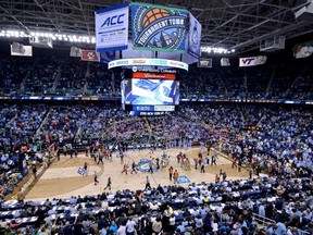A general view of the court after the Notre Dame Fighting Irish defeated the North Carolina Tar Heels 90-82 to win the 2015 ACC Basketball Tournament Championship game at Greensboro Coliseum on March 14, 2015. (Grant Halverson/Getty Images/AFP)