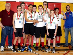 The Algonquin Public School boys' basketball team won the Thames Valley District School Board's 'AAA' boys' elementary school basketball finals March 7, 2015 in London. Algonquin defeated White Oaks Public School of London 33 - 28. From left: Ken Schwartzentruber (Coach), Bailey Couch, Michael Vanderham, Isaac Lewis, Jacob Perry, Connor Stefan, Justin Chisholm, Wyatt Bidwell, Dylan Chung, Brandon Gentle (Coach) (Submitted photo?)
