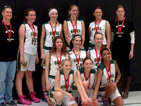 The Hickson Central Public School girls' basketball team won bronze at the Thames Valley District School Board's 'AA' girls' finals March 7 in London, Ont. Hickson defeated Mitchell Hepburn Public School of St. Thomas 25-11 for the bronze. (Submitted photo)